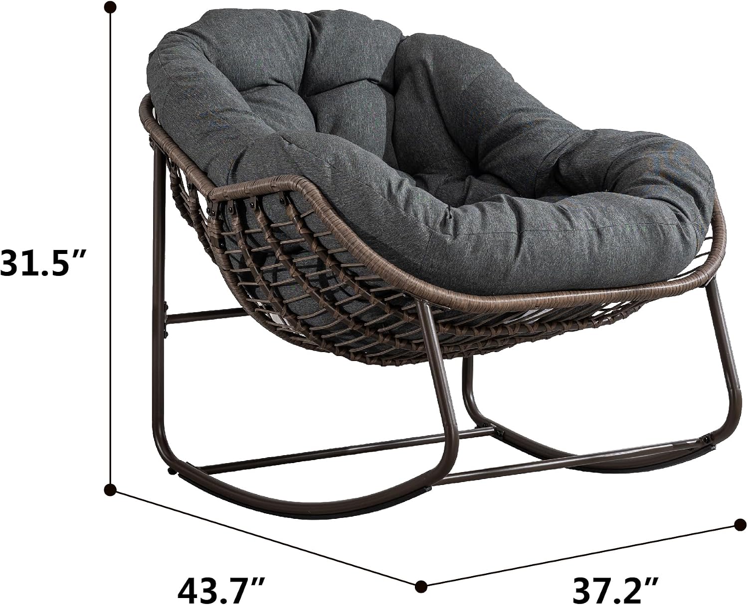 Wicker Outdoor Rocking Chair Rattan Egg Chair with Thick Cushion 30° Smooth Rocking Patio Lounge Reclining for Indoor Outdoor Use Living Room Front Porch Balcony Lawn Garden, Dark Grey