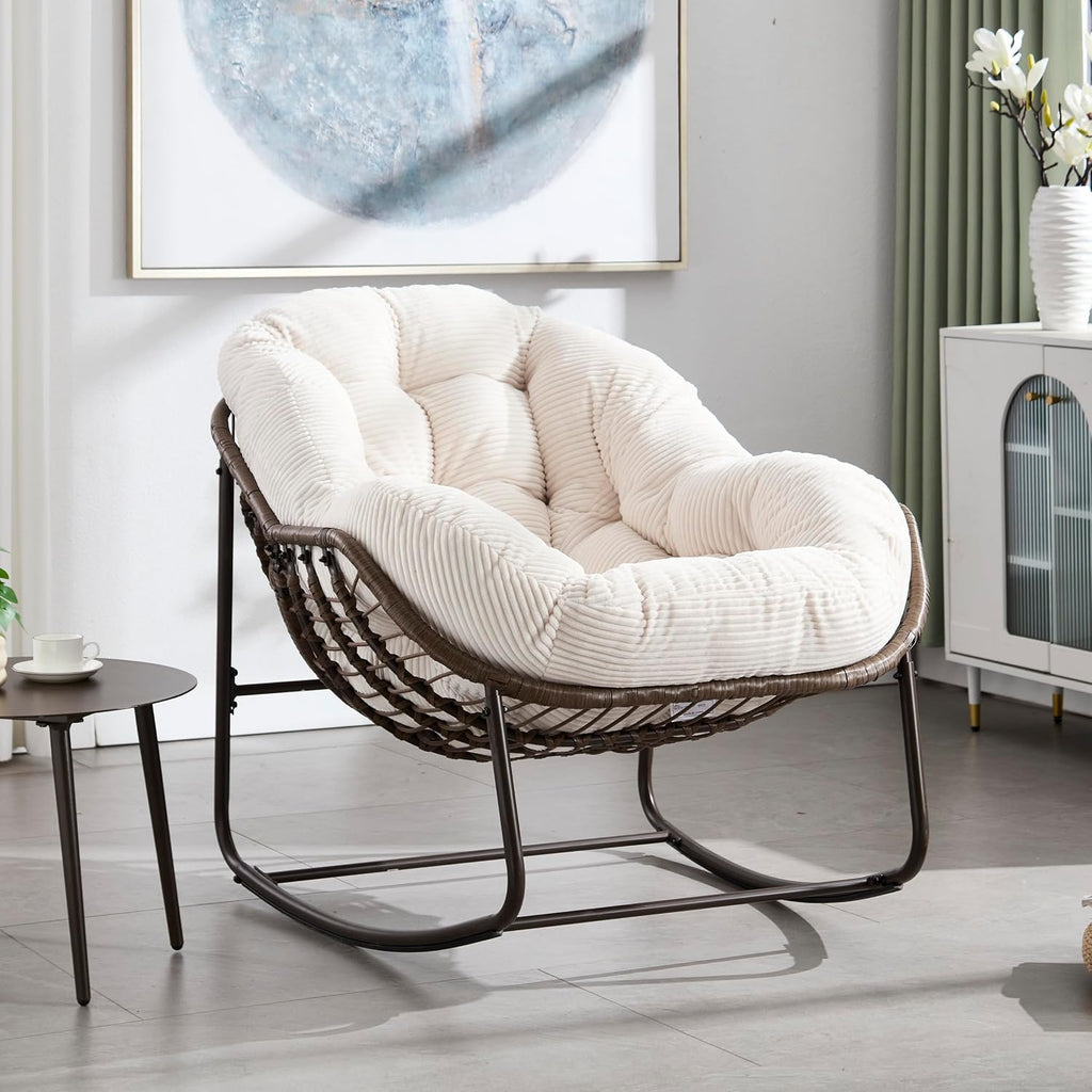 Wicker Outdoor Rocking Chair Rattan Egg Chair with Thick Cushion 30° Smooth Rocking Patio Lounge Reclining for Indoor Outdoor Use Living Room Front Porch Balcony Lawn Garden, White