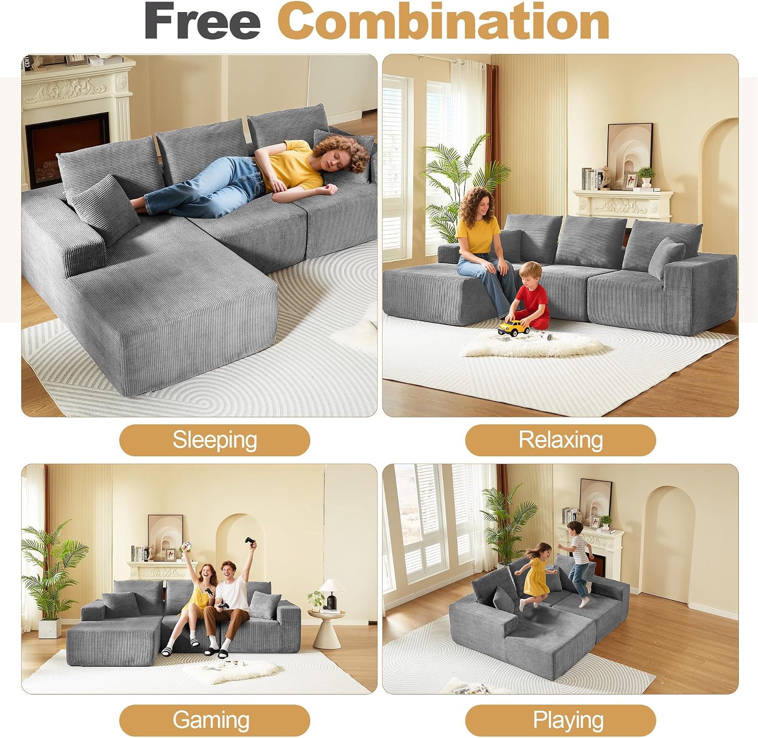 109.4' Oversized Modular Sectional Sofa with Chaise, Convertible L Shaped Cloud Couch with Deep Seat, 35D Full Foam Compressed Boneless Couches for Living Room, Bedroom, Office, No Assembly Required