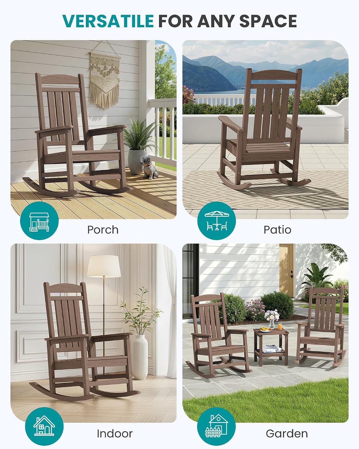 SERWALL Oversized HDPE Outdoor Rocking Chair for Adults, Heavy Duty Patio Rocking Chair, All-Weather Oversized Porch Rocker, Brown