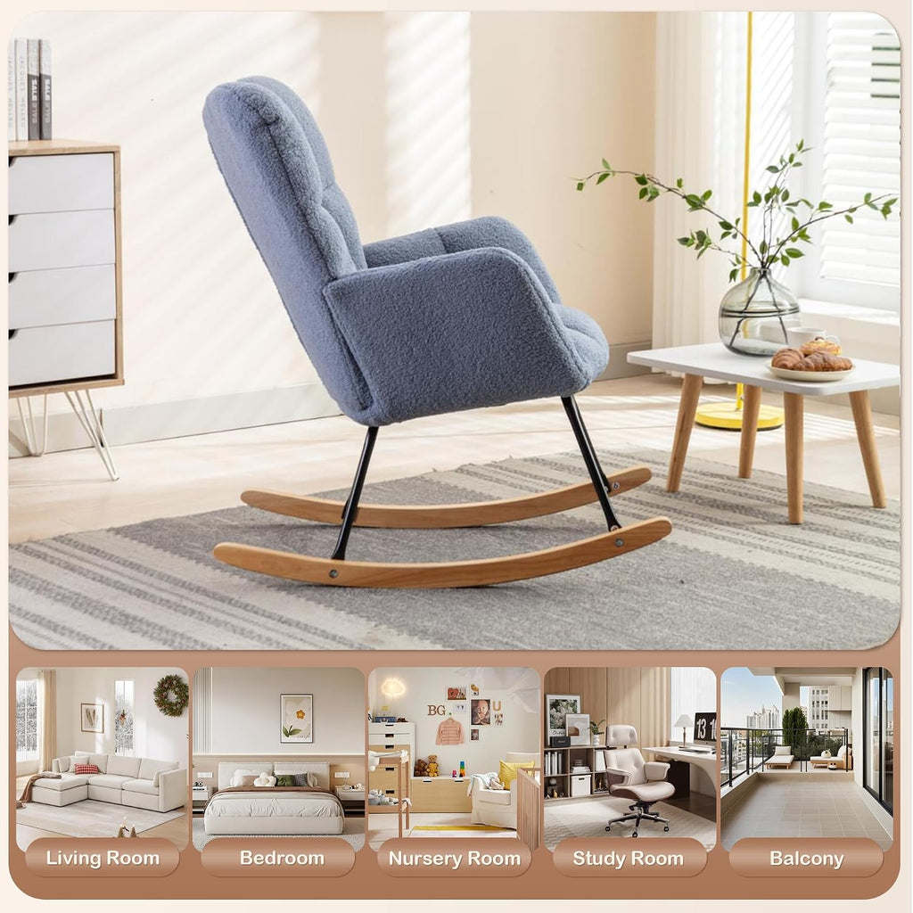 Setawix Teddy Rocking Chair with High Back,Leisure Rocking Armchair for Nursery,Mid Century Modern Rocker Glider Arm Chair for Living Room,Tufted with Solid Wood Legs (Light Blue, 27.6')