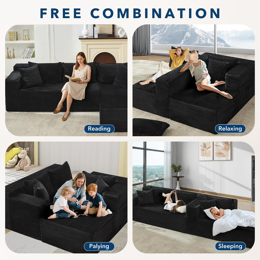 Garvee Modular Sectional Sofa Cloud Sectional Couch, 106' Comfy Fluffy L Shaped Black Couches for Living Room,Oversized Sofa Sleeper with Deep Seat, No Assembly Required, Black