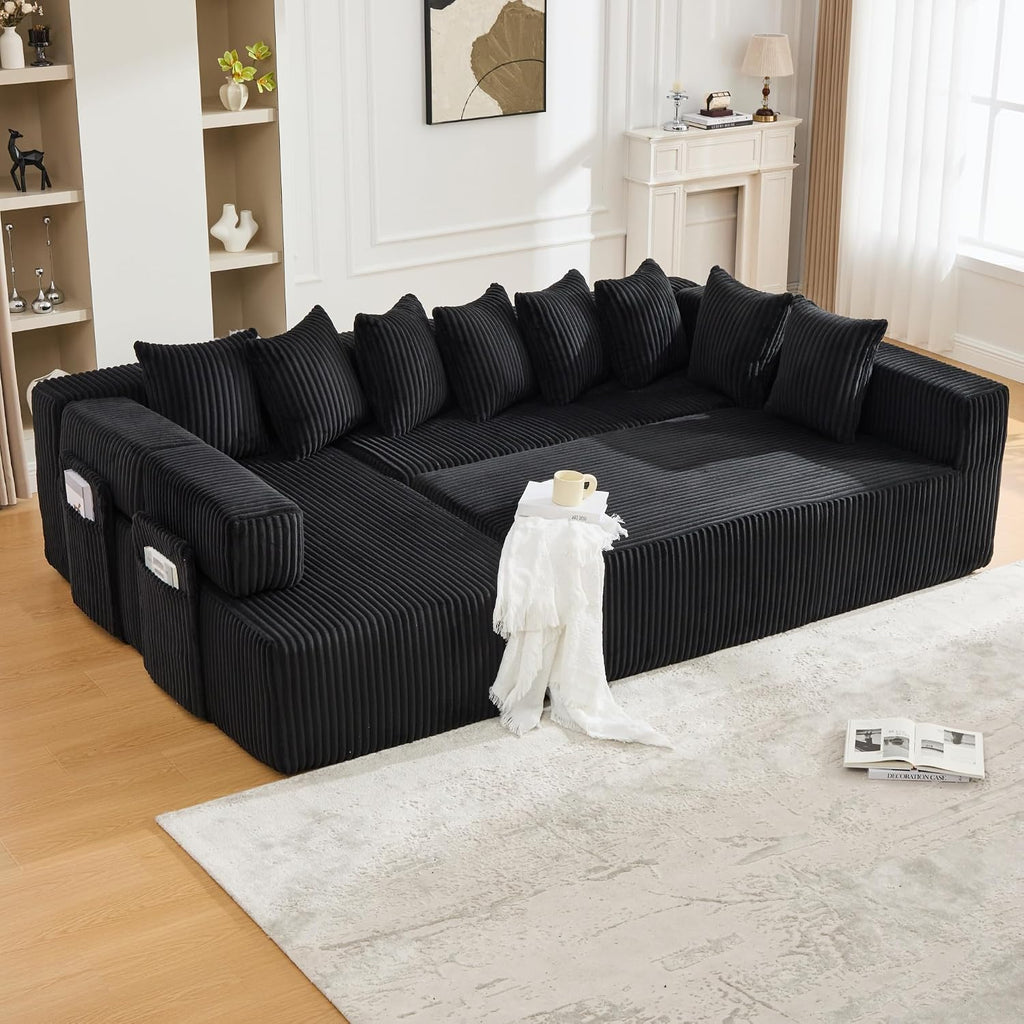 Oversized Cloud Boneless Couch with Chaise, 146' Modern U Shape Modular Deep Seat Sectional Sofa, Comfy Corduroy Upholstered Couches for Living Room, No Assembly Required-Black