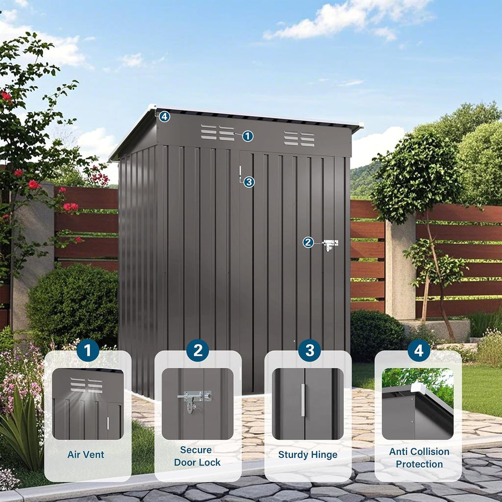 Outdoor Storage Shed 5 x 3 FT Metal Tool Shed with Pitched Roof, Compact Metal Garden Shed Anti-Corrosion Storage House with Lockable Door for Backyard, Patio, Sundries, Gray (Pitched roof)