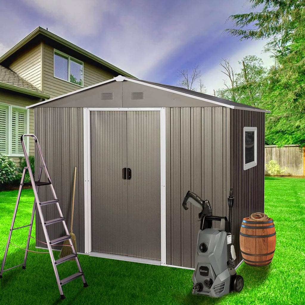 JT 7.5x5.5FT Outdoor Storage Shed with Floor Frame, Metal Garden Shed with Sliding Doors, Waterproof Galvanized Steel Storage House for Backyard Garden, Patio (7.5ftx 5.5ft, Gray with Window)