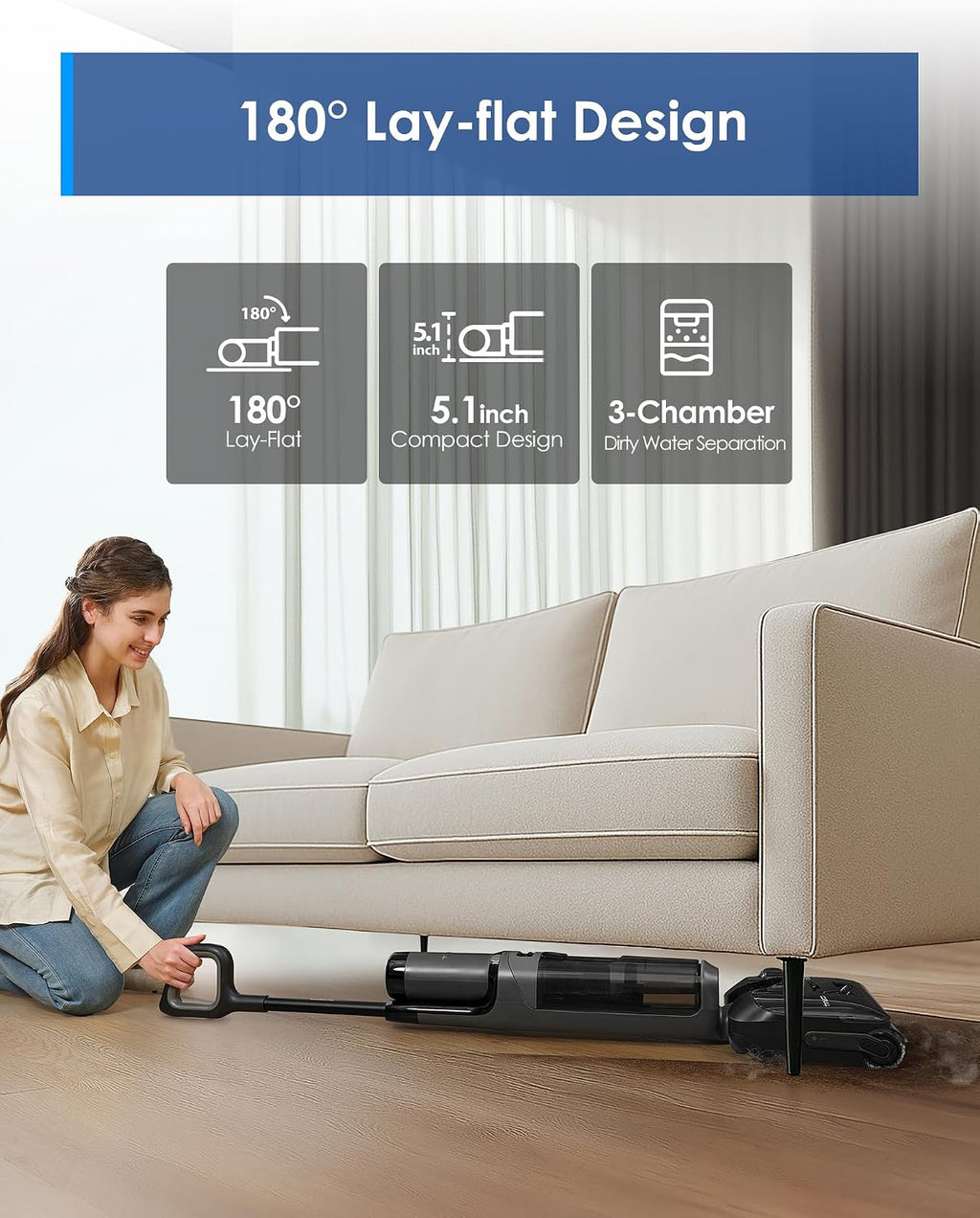 Tineco Floor ONE i6 Stretch Wet Dry Vacuum Cleaner, Vacuum & Mop All in One, 20kpa Powerful Suction, Up to 40 Minutes Runtime, 180° Lay-Flat, Anti-Tangle Design, Full-Path Self-Cleaning&185℉ Flashdry