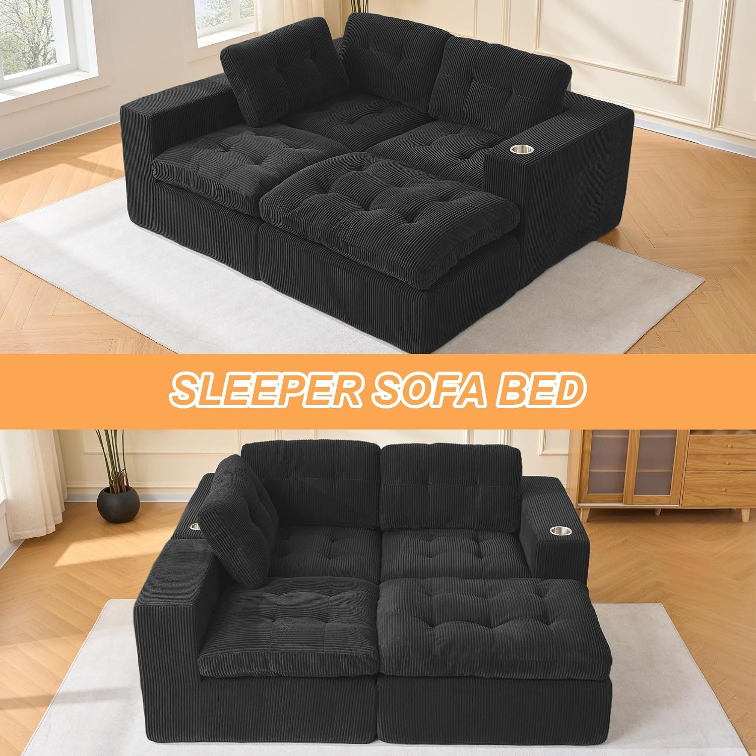 Black L Shaped Modular Cloud Sectional Sofa, Comfy 3 Seater Sectional Couches for Living Room with Cup Holders, Modern L Shape Sofa Set for Living Room Bedroom, Black