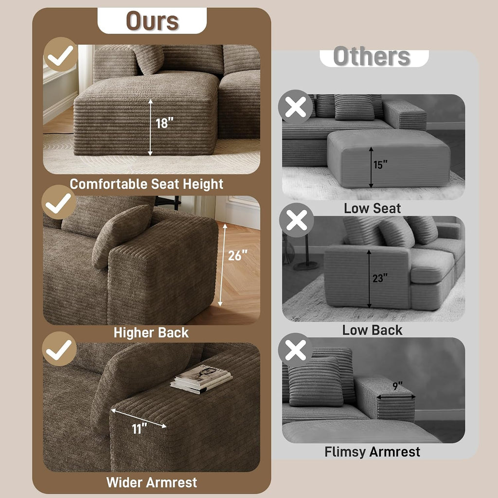 107' L-Shaped Boneless Sectional Couches for Living Room, Comfy Corduroy Fluffy Cloud Couch, Deep Seat Memory Foam Plush Modular Sectional Sofa with Left-Facing Chaise, No Assembly, Brown