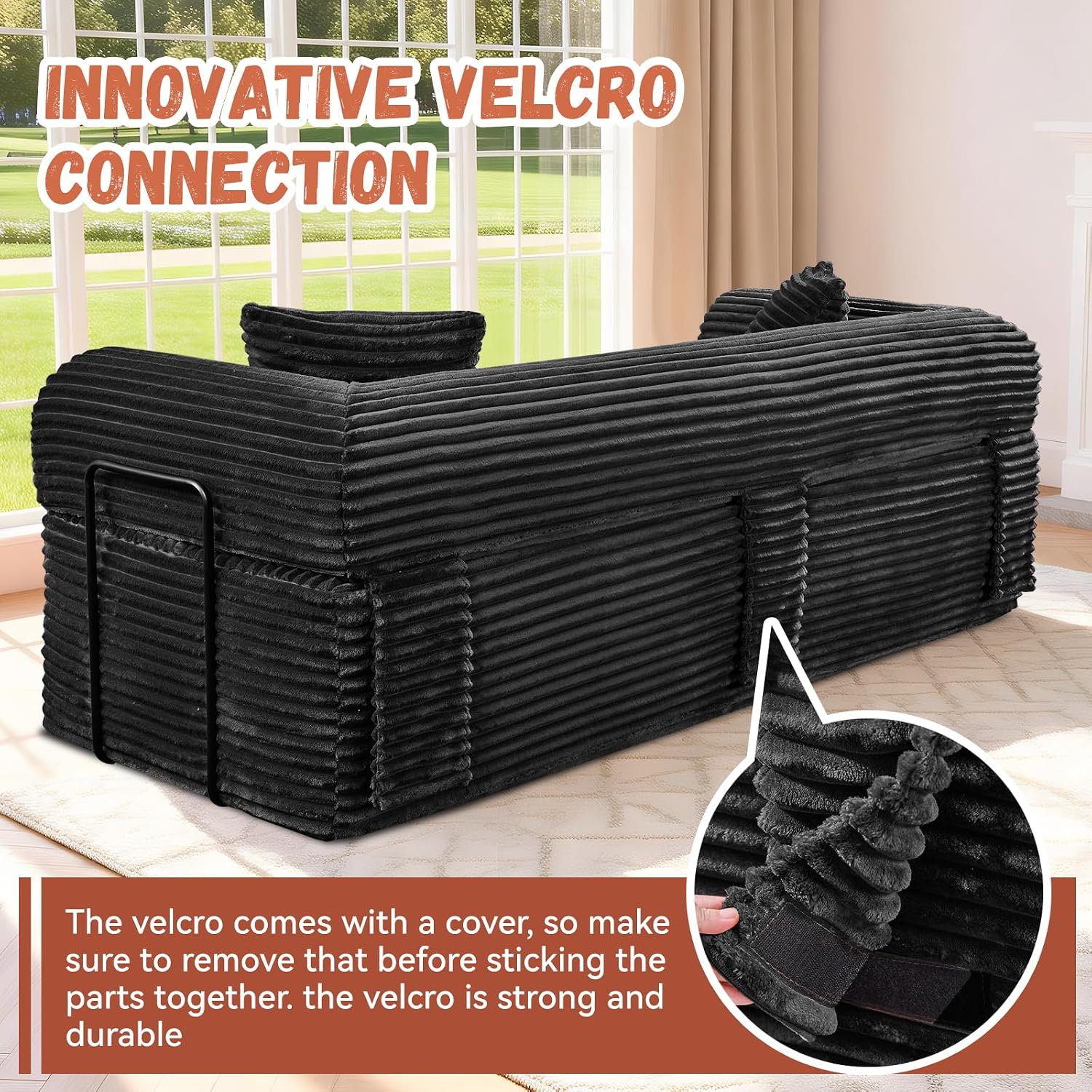 3 Seater Sofa Couch for Living Room (Black, 30' D + 2 Pillows +Fixed-Shape Frame)