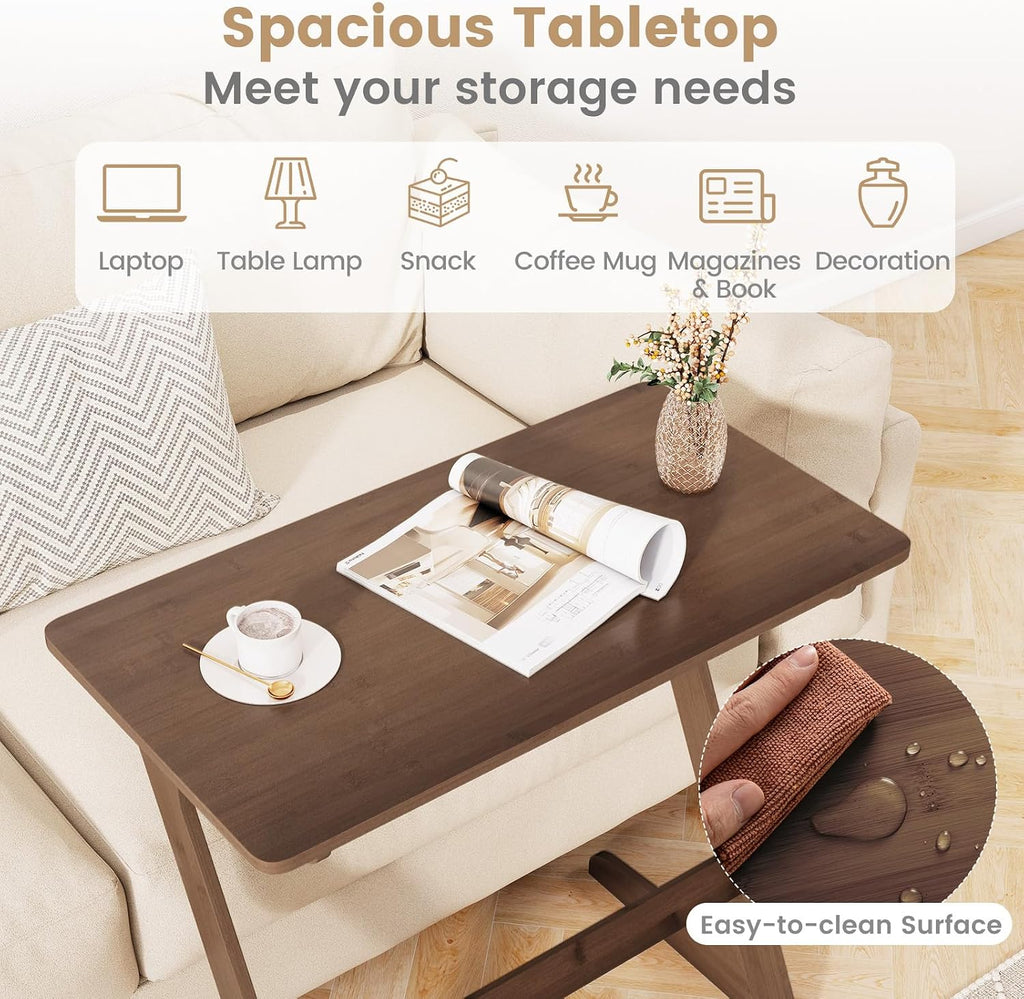 Giantex Bamboo TV Tray Table Set of 2, Z Shaped Sofa Couch Side Table for Eating Snacks Coffee Laptop, Modern TV Dinner Tables for Small Spaces, Small End Table for Living Room Bedroom, Walnut