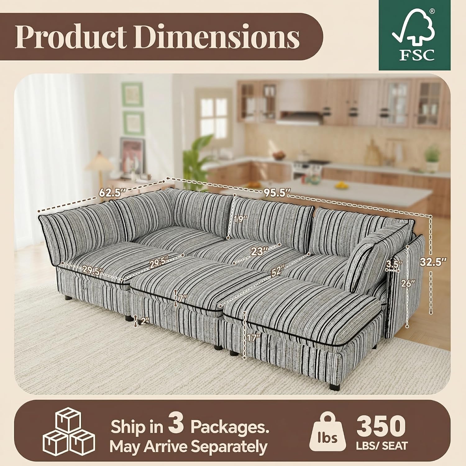 95.5' Modular Sectional Couch with Hidden Storage, Convertible L U Shaped Sleeper Sofa Bed with Stripe Pattern, 6 Seat Modular Sectional Couch with Ottoman Chaise & Removable Covers for Living Room