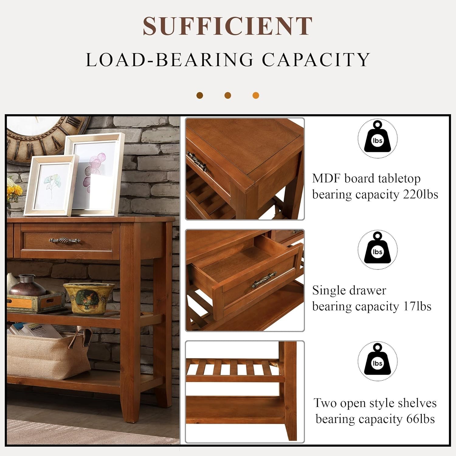 LKTART Solid Wood Console Table Entryway Table with Storage Drawers and Shelves Sofa Tables,Entryway Table for Living Room,Behind the Couch Table (42' Brown)