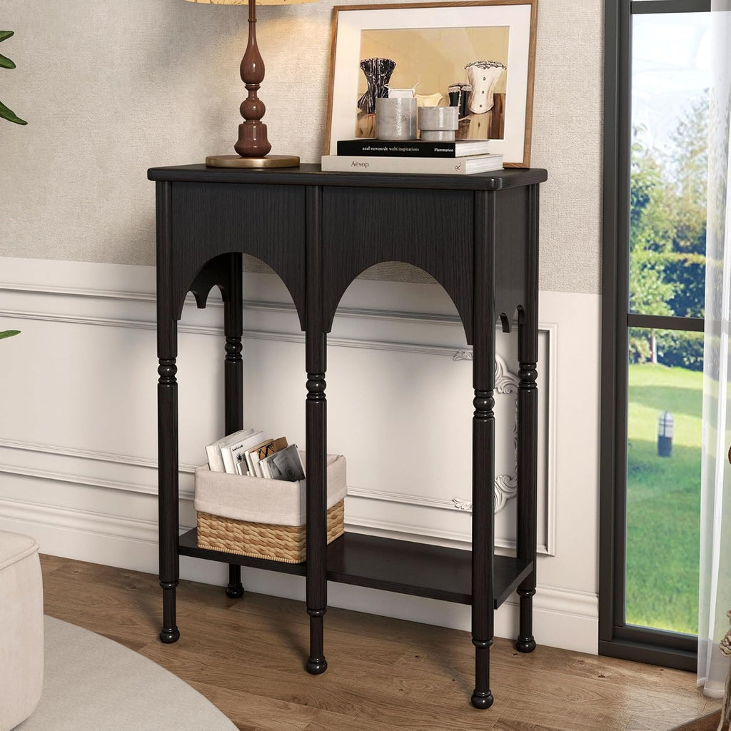 Console Table with Storage Shelf Set of 2, Retro Modern 2-Tier Entryway Table, Narrow Sofa Table with Roman-Style Legs for Living Room, Hallway, Black