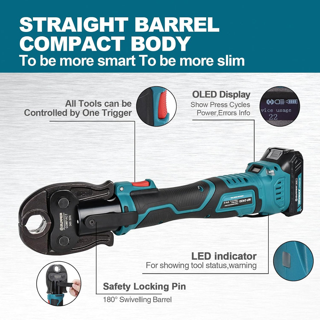 ZUPPER Press Tool, 18V Electric Pipe Crimping Tool for 1/2' to 1-1/4' Copper Pipes, Compact Press Tool Kit Suitable for Copper ProPress fittings - with Brushless Motor, 4 VUS Press Jaws, 2pcs Battery