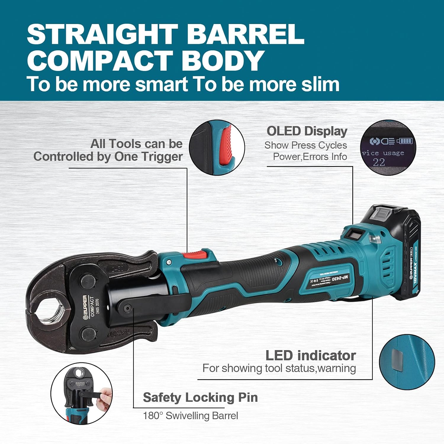 ZUPPER Press Tool, 18V Electric Pipe Crimping Tool for 1/2' to 1-1/4' Copper Pipes, Compact Press Tool Kit Suitable for Copper ProPress fittings - with Brushless Motor, 4 VUS Press Jaws, 2pcs Battery