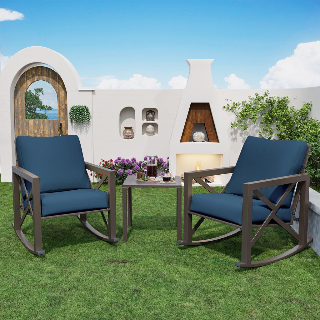 Outdoor Rocking Bistro Set, Patio Rocking Chairs Set of 2 with Coffee Table, 3 Pieces Metal Conversation Sets with 6.5' Thick Cushions for Backyard, Porch, Poolside, Oversized (Blue)