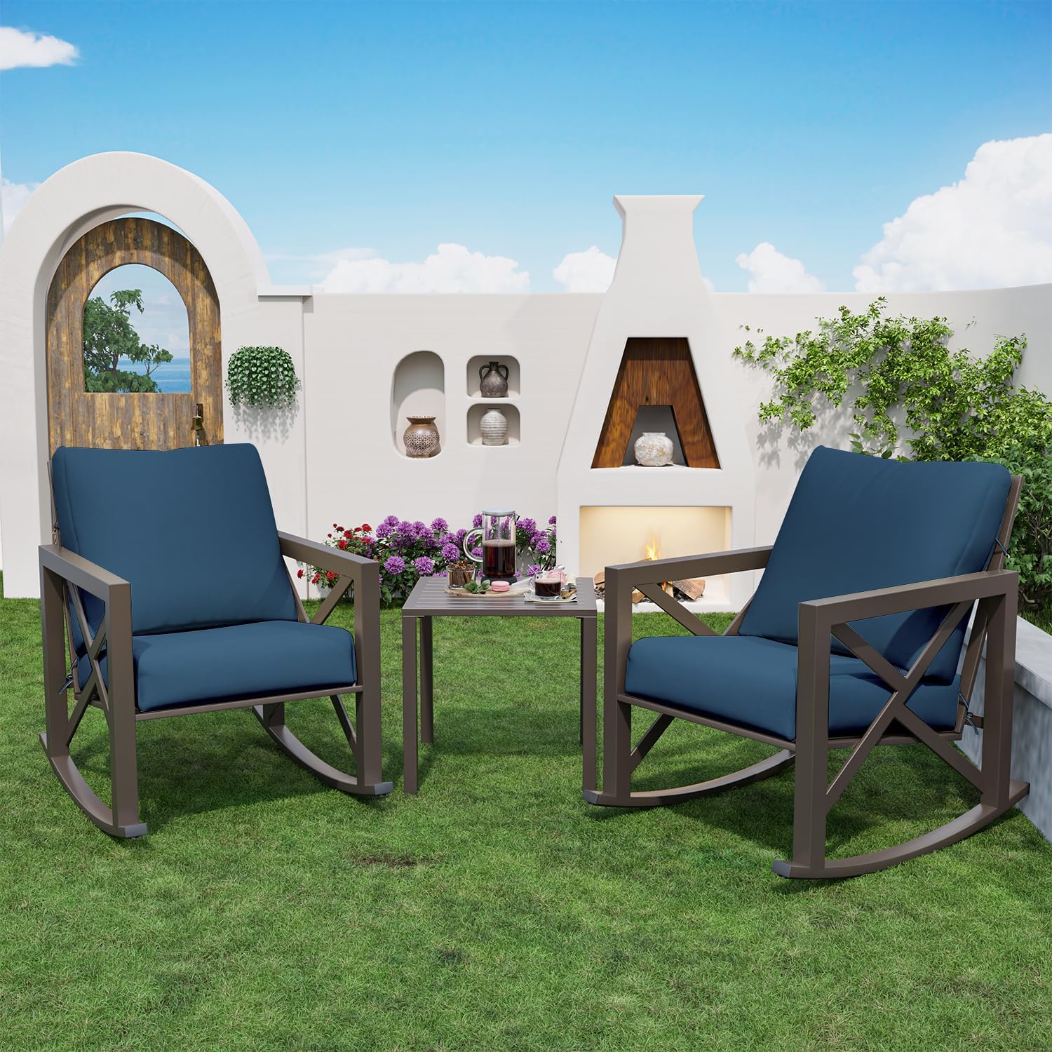 Outdoor Rocking Bistro Set, Patio Rocking Chairs Set of 2 with Coffee Table, 3 Pieces Metal Conversation Sets with 6.5' Thick Cushions for Backyard, Porch, Poolside, Oversized (Blue)