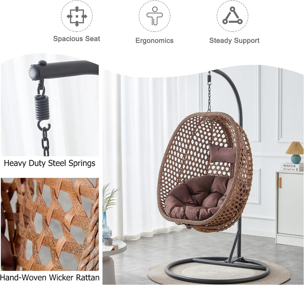 Egg Chair Indoor/Outdoor, Hanging Swing Chair for Bedroom, Patio & Balcony - Heavy Duty 350LBS, Brown