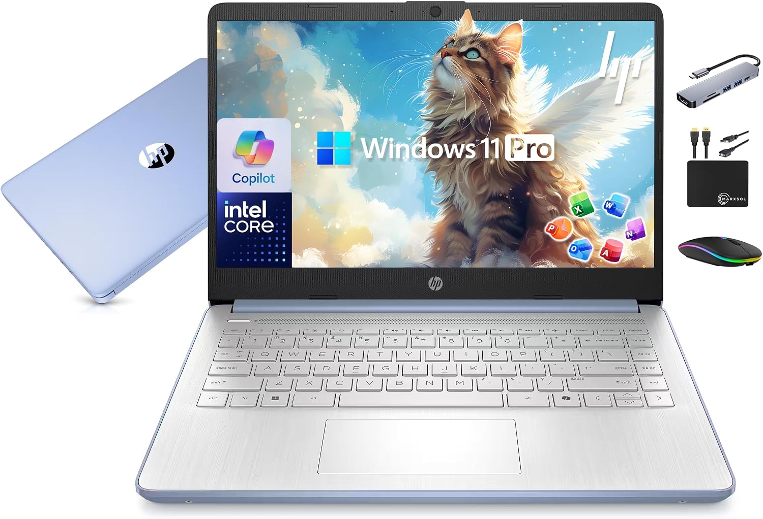 HP 14' Laptop Computer 2025-2026 Business Student, Copilot AI, Lifetime Office, 4-Core Intel CPU, 16GB RAM, 628GB Storage (128GB UFS +500GB Ext), Wi-Fi 6, 10+ Hrs, MarxsolAccessory, Win 11 Pro, Blue