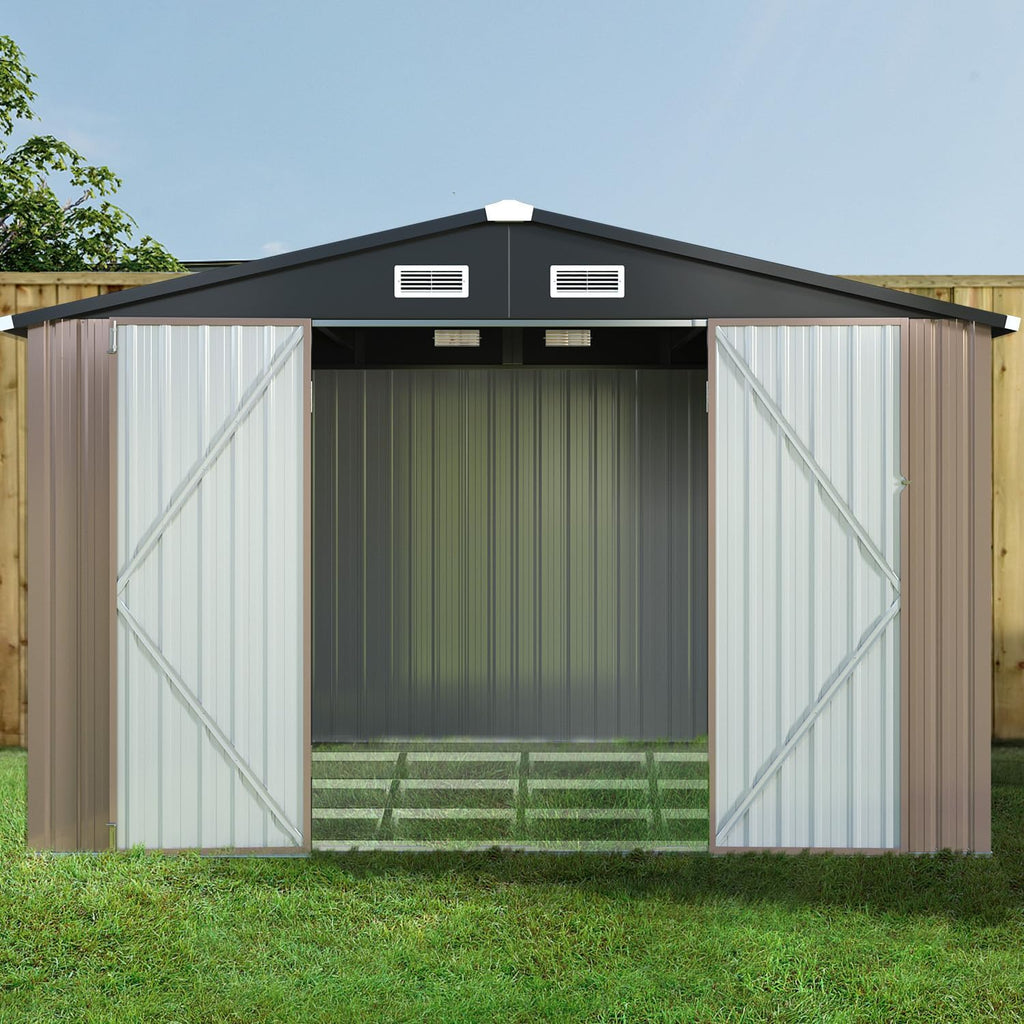 Outdoor Storage Shed 8x10 FT, Utility Steel Tool Shed with Lockable Door and Air Vents, Galvanized Metal Shed for Garden Backyard Patio Lawn (8' x 10') Brown,G37009-12