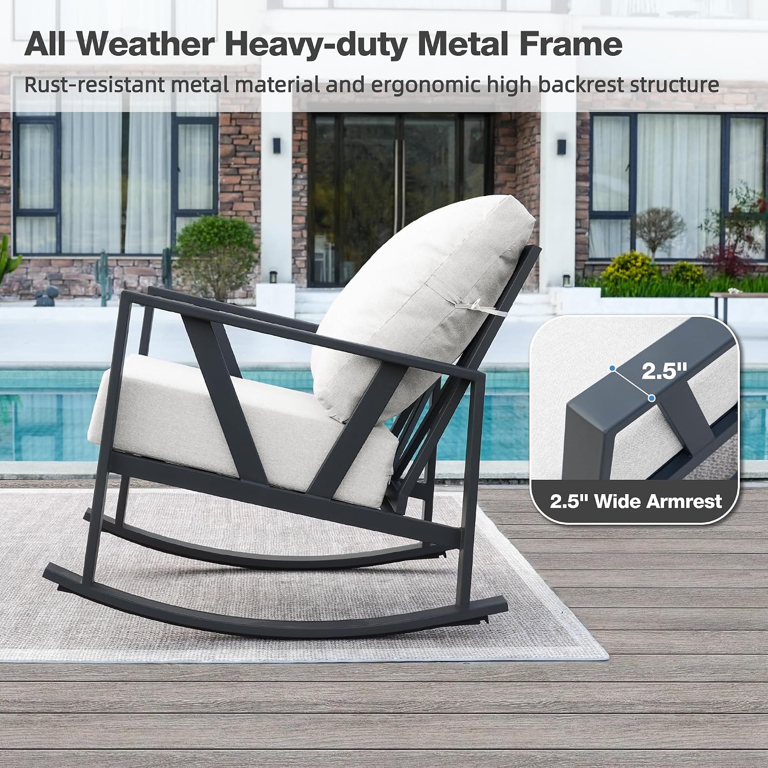 Outdoor Patio Rocking Chairs Set of 2, 3 Pieces Patio Porch Furniture Set with 6' Thick Cushions, Outdoor Bistro Set with Coffee Table,White