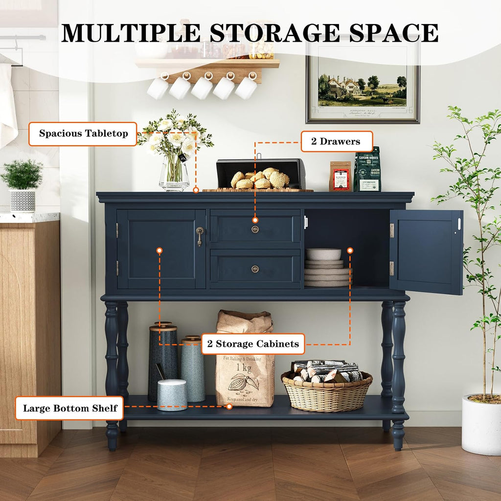 ARTPOWER Console Table with 2 Drawers, Retro Entryway Table with 2 Door Cabinets and Open Storage Shelf, Narrow Long Behind Couch Sofa Table for Living Room, Foyer, Hallway, Blue