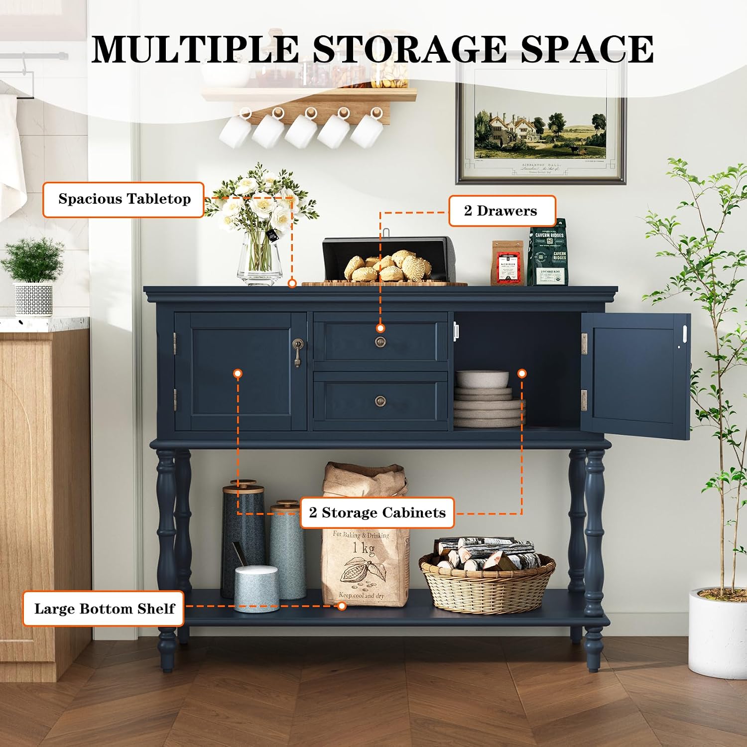 ARTPOWER Console Table with 2 Drawers, Retro Entryway Table with 2 Door Cabinets and Open Storage Shelf, Narrow Long Behind Couch Sofa Table for Living Room, Foyer, Hallway, Blue