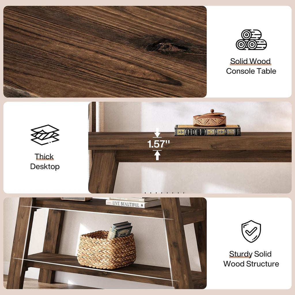Solid Wood Console Table, 47.24' Long Farmhouse Entryway Table with 3-Tier Shelves, Rectangular Couch Tables Behind Sofa, Narrow Accent Tables for Hallway, Entrance, Foyer, Living Room (Dark Brown)