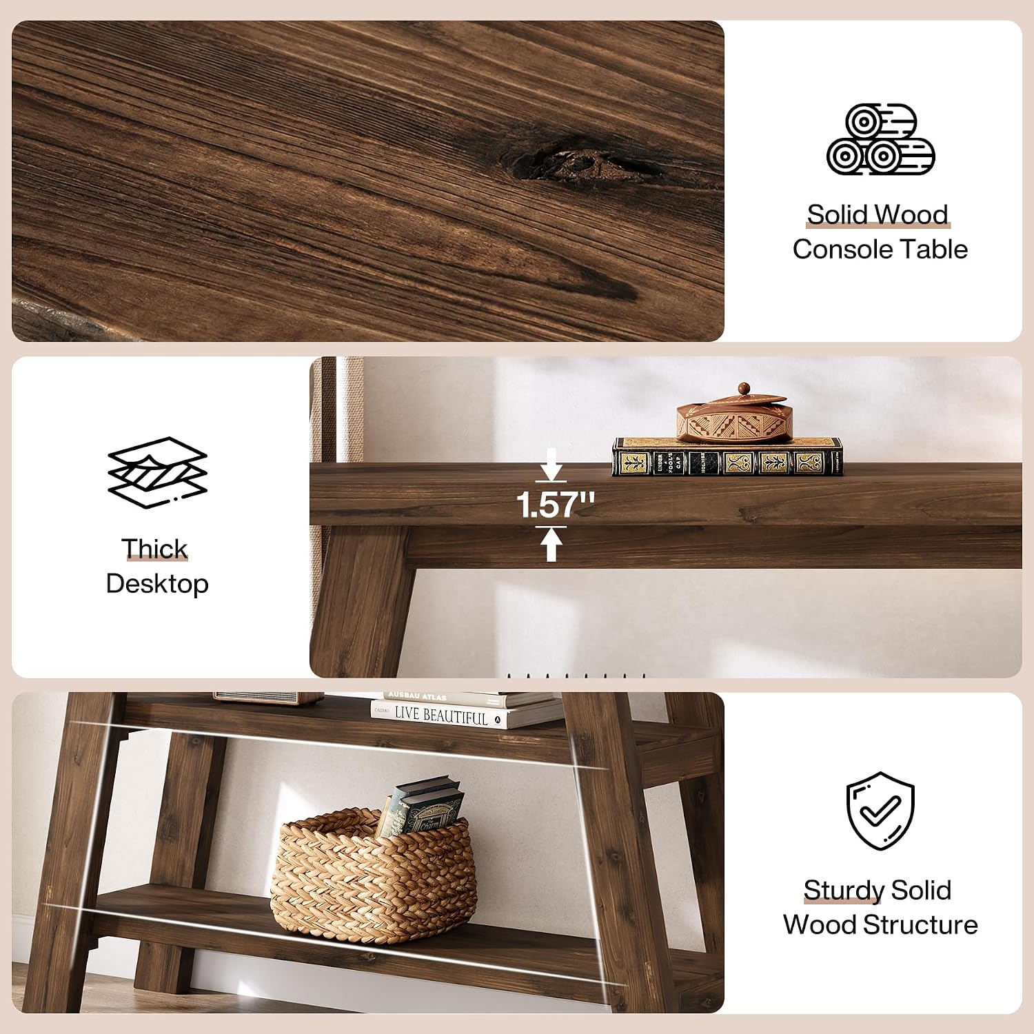 Solid Wood Console Table, 47.24' Long Farmhouse Entryway Table with 3-Tier Shelves, Rectangular Couch Tables Behind Sofa, Narrow Accent Tables for Hallway, Entrance, Foyer, Living Room (Dark Brown)