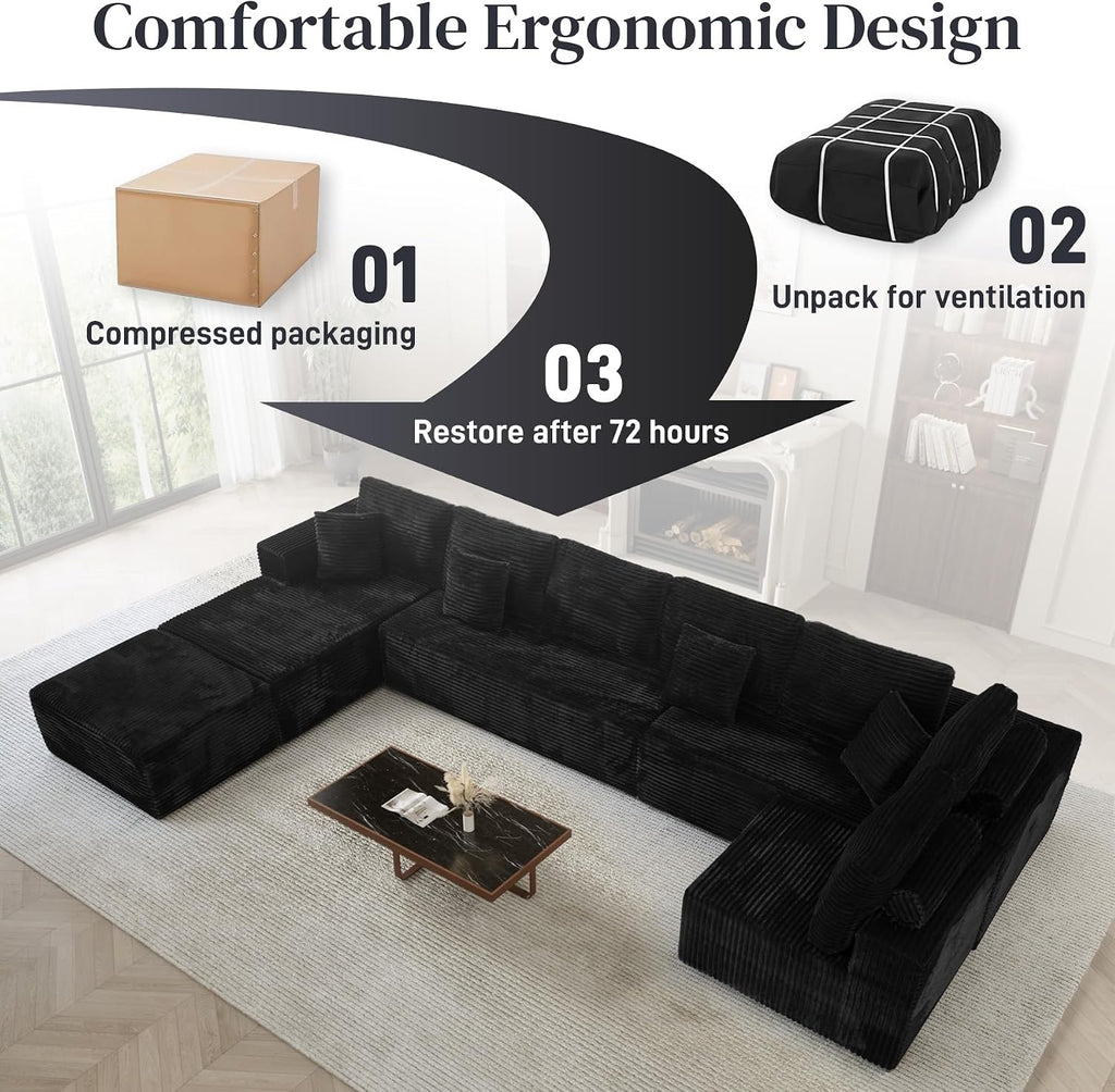 177' Oversized U Shaped Sectional Couch for Living Room, Extra Large Boneless Cloud Couches with Deep Seat Chaise Ottoman, Plush Corduroy 8 Seater Modular Sectional Sofa Set, Black
