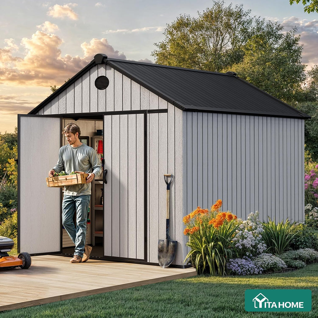 YITAHOME 8x12 FT Outdoor Storage Shed with Floor, Waterproof Extra Thick Plastic Garden Shed with Lockable Doors, 2 Vision Windows Vents, 16mm Heavy Duty Tool Shed for Bikes, Patio or Backyard, Gray
