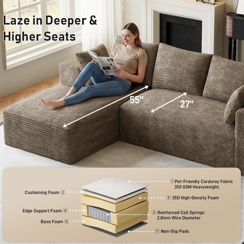 107' L-Shaped Boneless Sectional Couches for Living Room, Comfy Corduroy Fluffy Cloud Couch, Deep Seat Memory Foam Plush Modular Sectional Sofa with Left-Facing Chaise, No Assembly, Brown