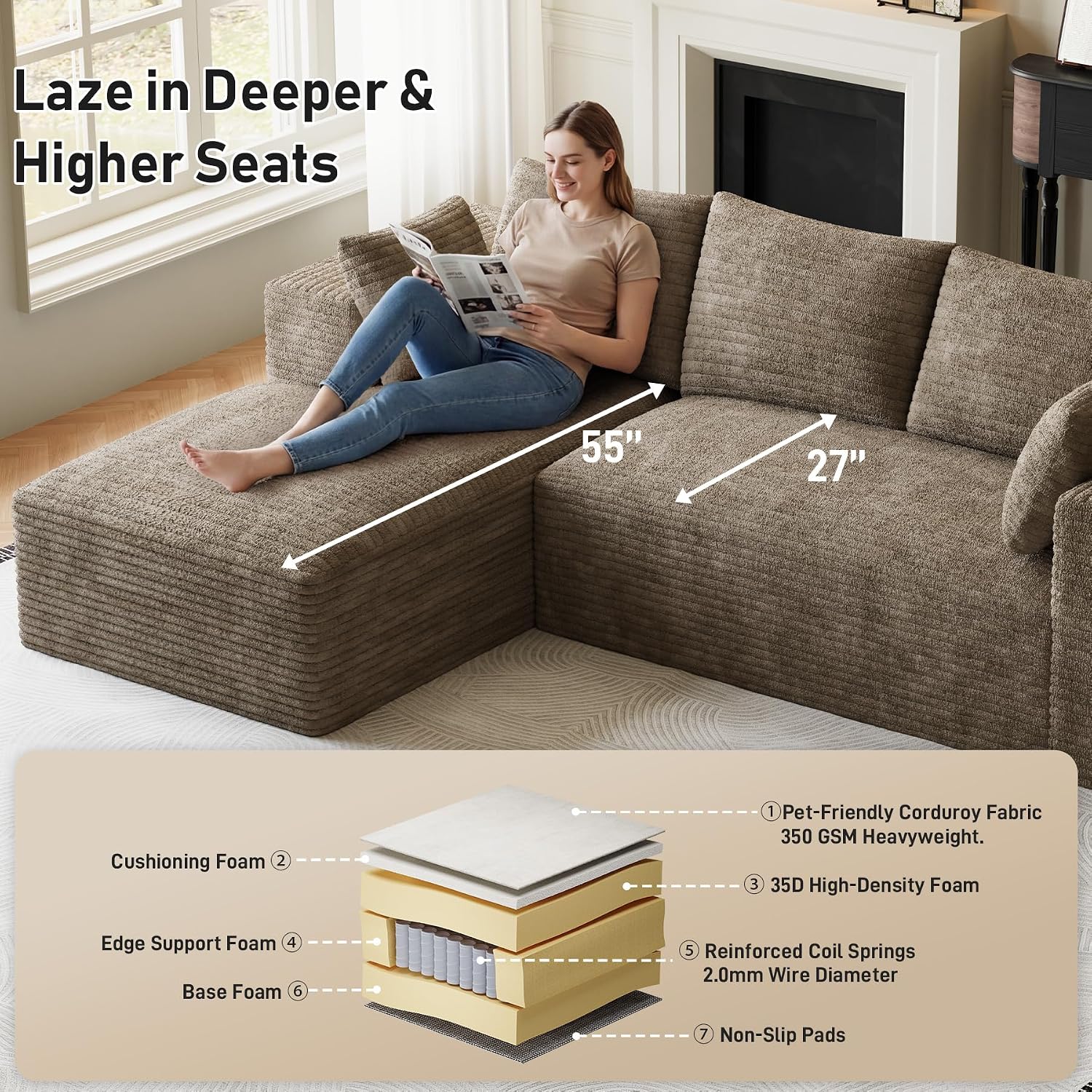 107' L-Shaped Boneless Sectional Couches for Living Room, Comfy Corduroy Fluffy Cloud Couch, Deep Seat Memory Foam Plush Modular Sectional Sofa with Left-Facing Chaise, No Assembly, Brown