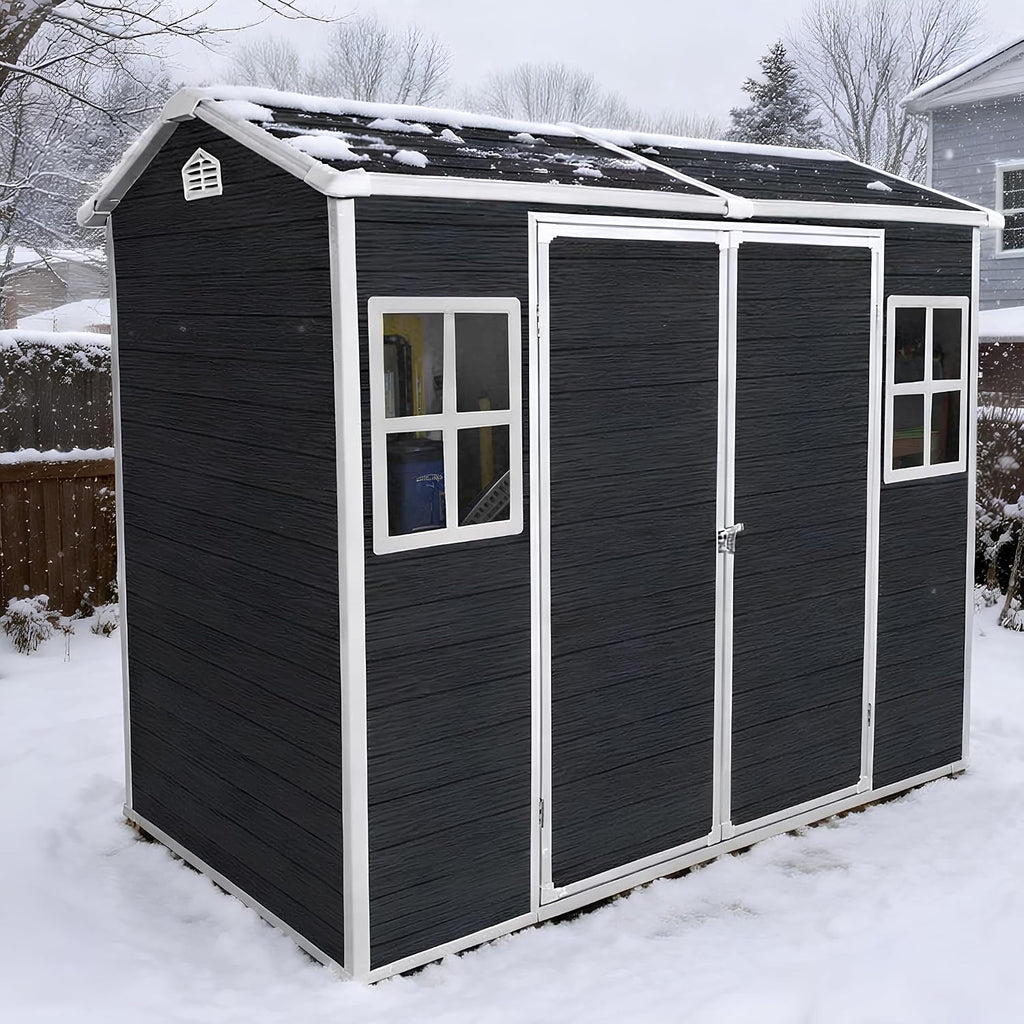 8x4 FT Resin Storage Sheds Outdoor with Floor Included, Plastic Sheds & Outdoor Storage Clearance with 2 Windows and Lockable Door, Backyard Storage Sheds for Bike, Garden Tools