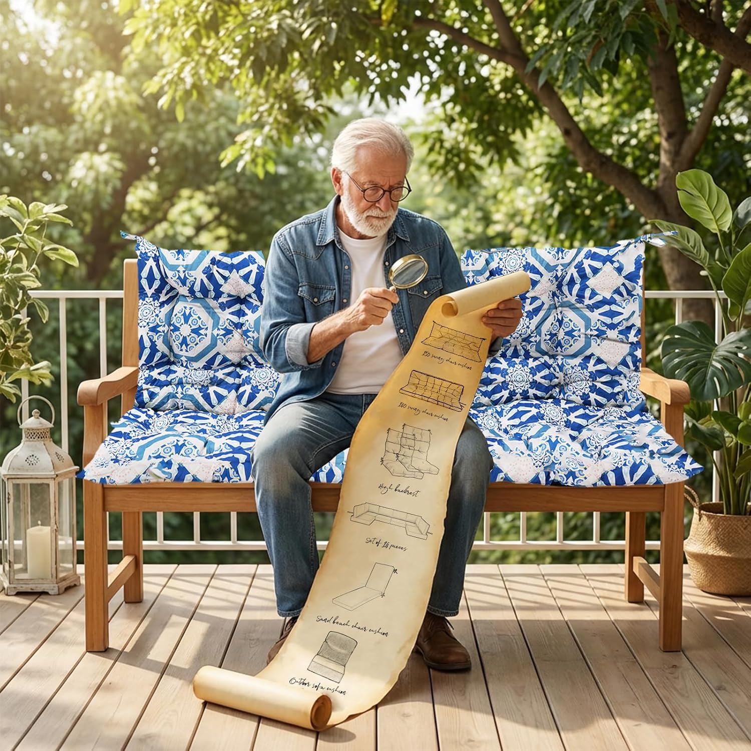 Waterproof Porch Swing Cushion Replacement, 2–3 Seat Swing Seat Cushion with Backrest & Ties, Thick Outdoor Bench Cushion for Patio Garden Porch (Boho Blue, 40 x 60 in)