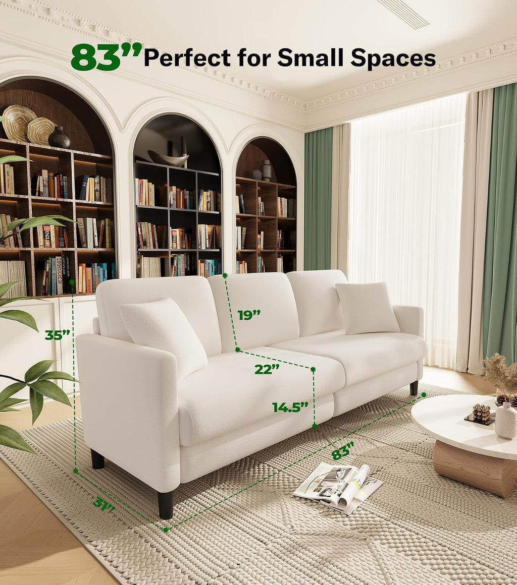 Welzona 83' Couches for Living Room, Teddy Sofa Couch, Comfy Sofas for Living Room, Tool-Free Setup Loveseat Sofa, All-Wood Love Seat Couches, Small Couch 2 Pillows Included, Cream White