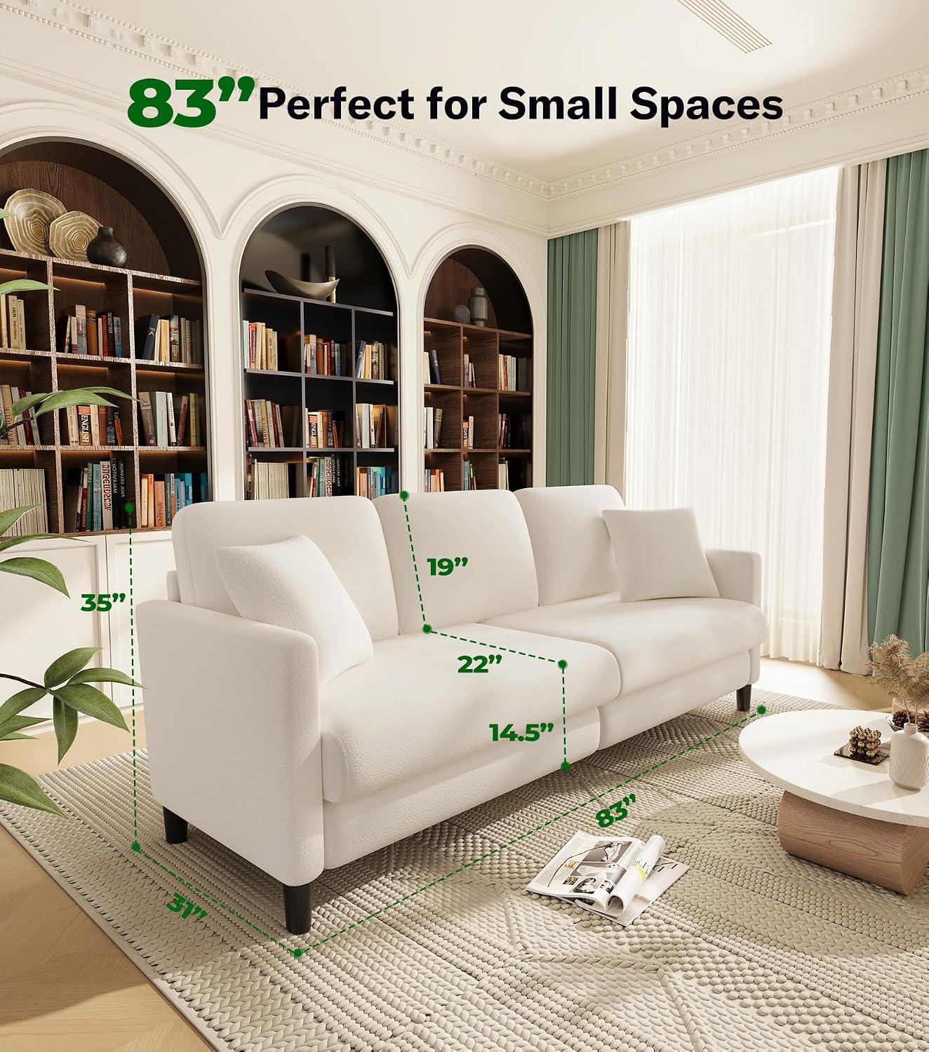 Welzona 83' Couches for Living Room, Teddy Sofa Couch, Comfy Sofas for Living Room, Tool-Free Setup Loveseat Sofa, All-Wood Love Seat Couches, Small Couch 2 Pillows Included, Cream White