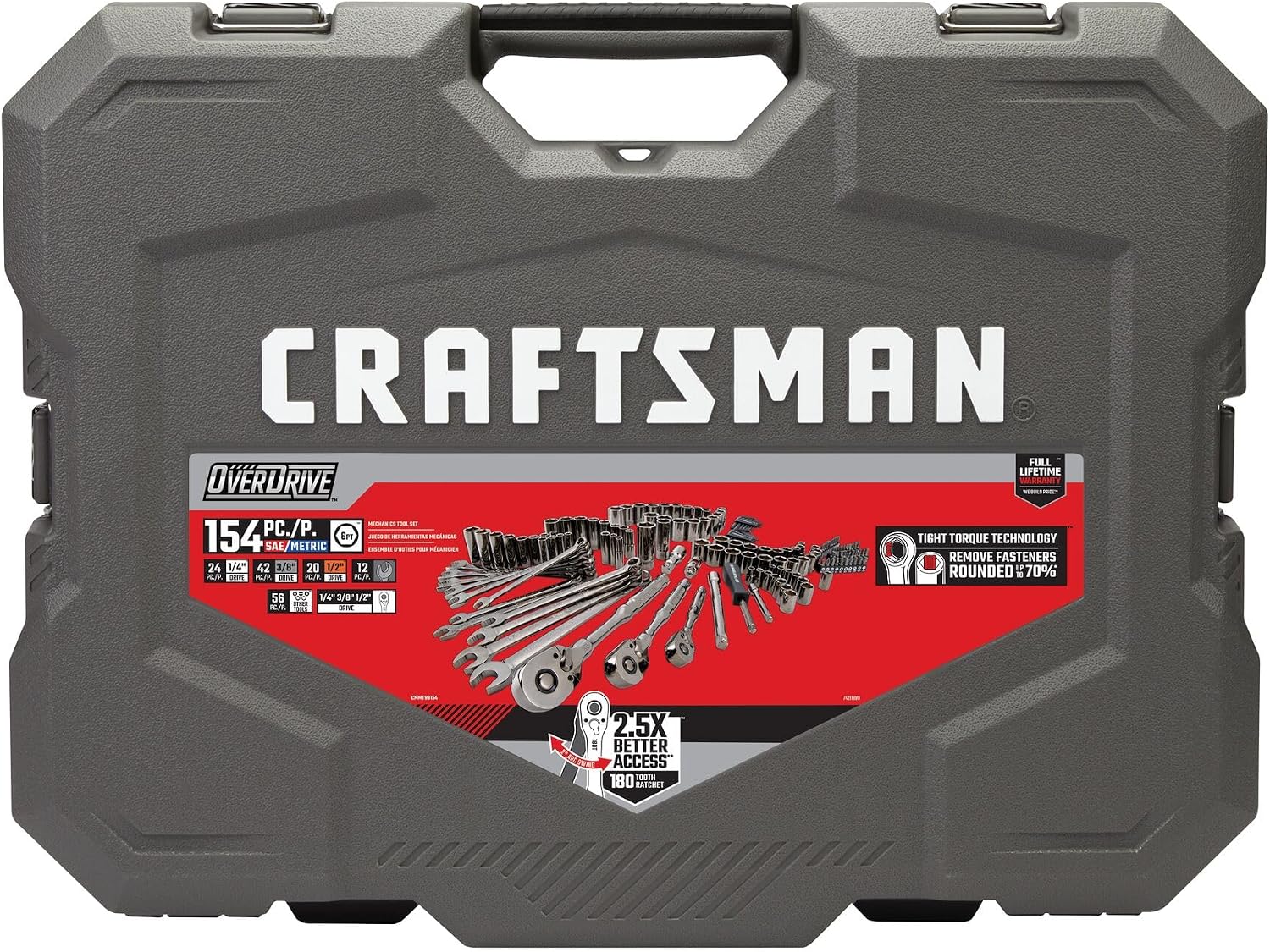 CRAFTSMAN OVERDRIVE 154-Piece Gunmetal Chrome Mechanics Tool Set, Standard SAE/Metric Socket Set, with Hard Case (CMMT99154L)
