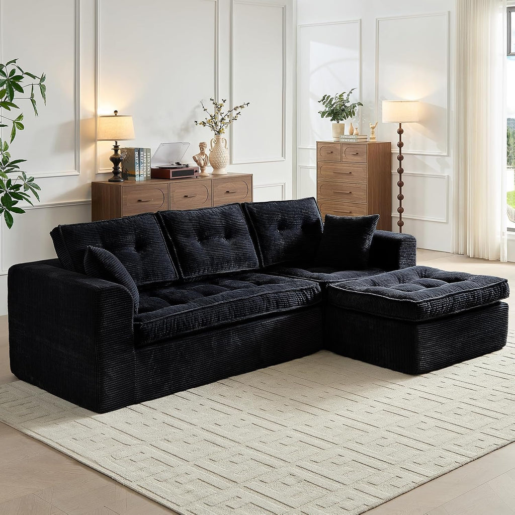 ROXGOX Cloud Couches for Living Room, Modern Modular Sectional Sofa with L-Shape Chaise, Boneless Couch with Deep Seat, Plush Corduroy, No Assembly Required (Black)