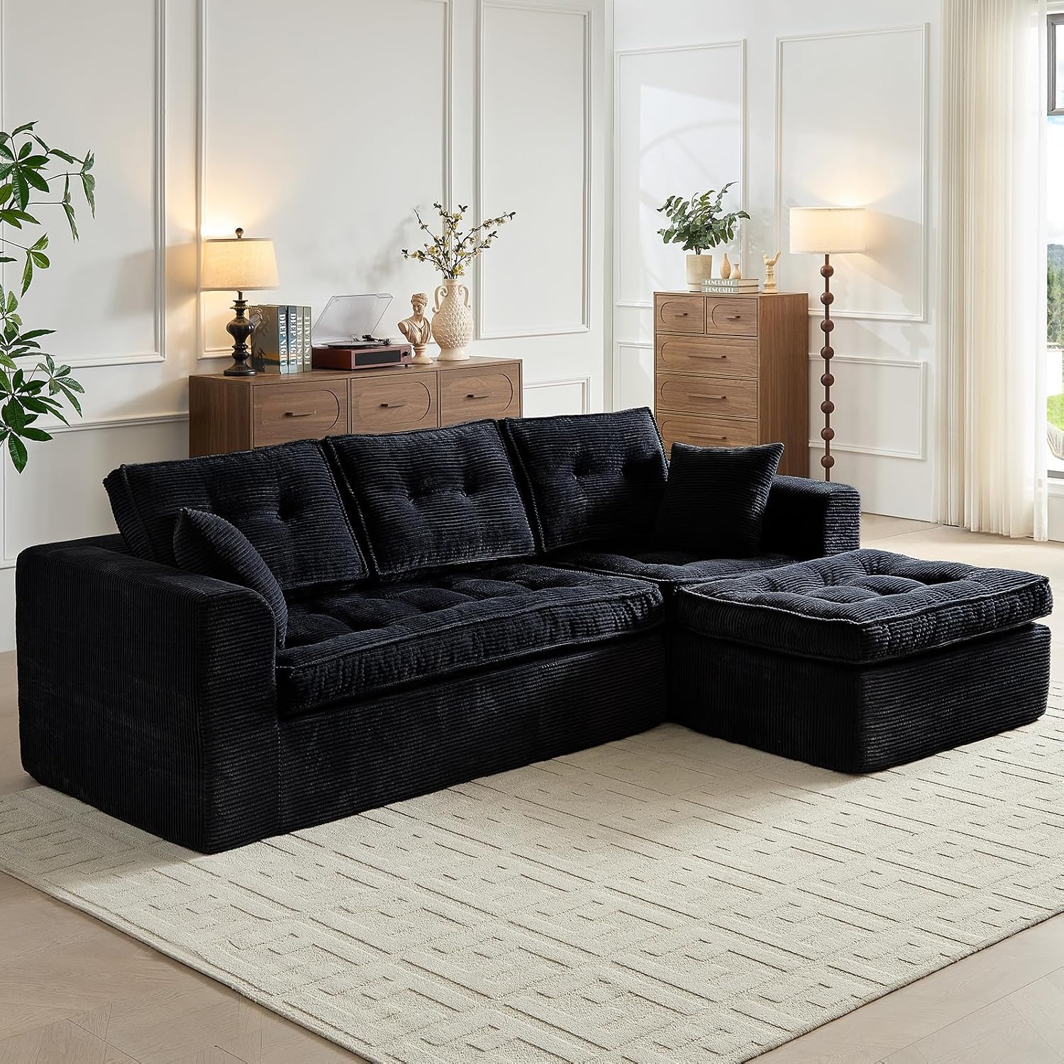 ROXGOX Cloud Couches for Living Room, Modern Modular Sectional Sofa with L-Shape Chaise, Boneless Couch with Deep Seat, Plush Corduroy, No Assembly Required (Black)
