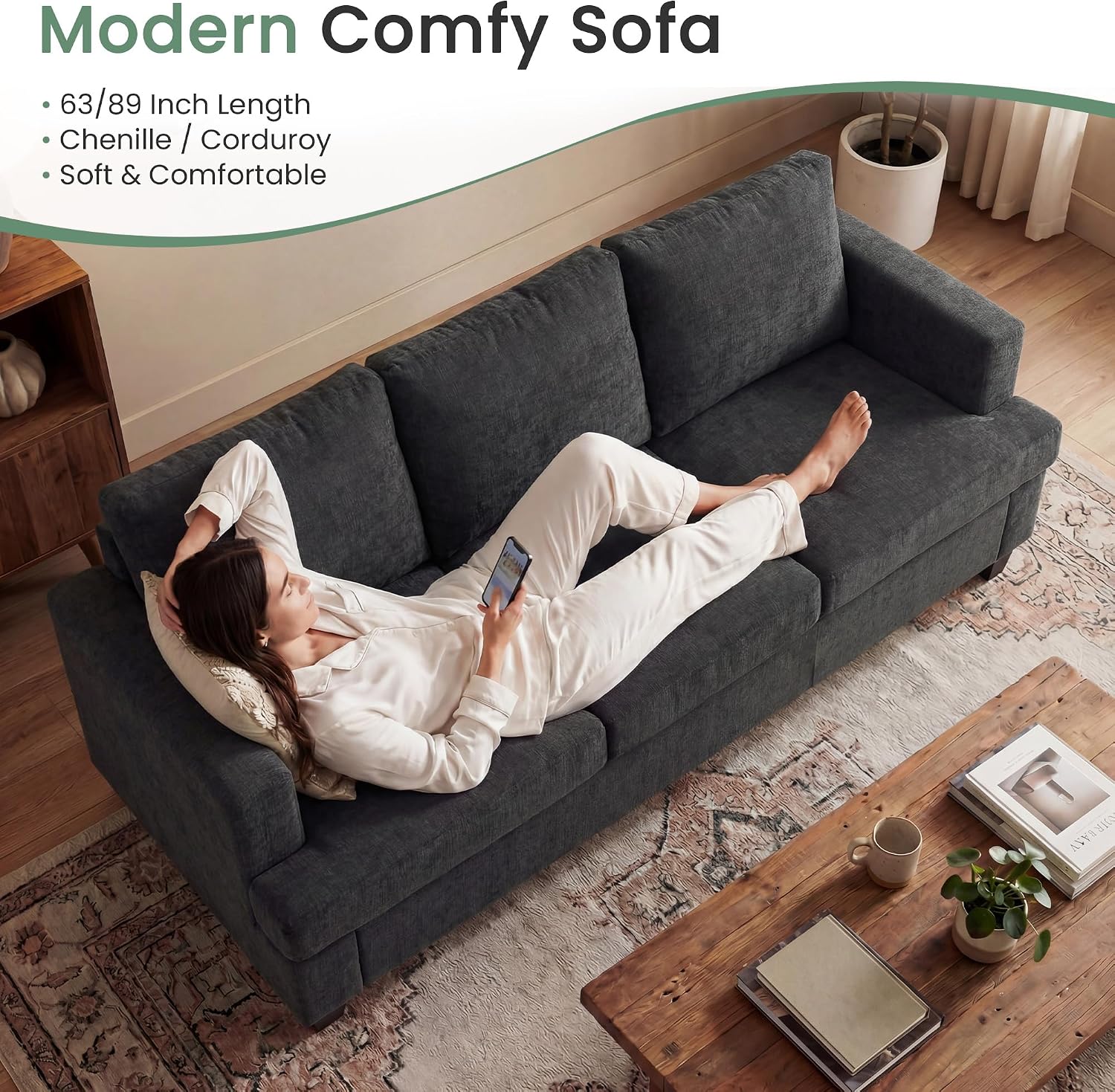 YOUDENOVA Sofa, 89' 3-Seater Deep Seat Sofa, Modern Comfy Couches for Living Room Apartment Lounge, Dark Grey Chenille