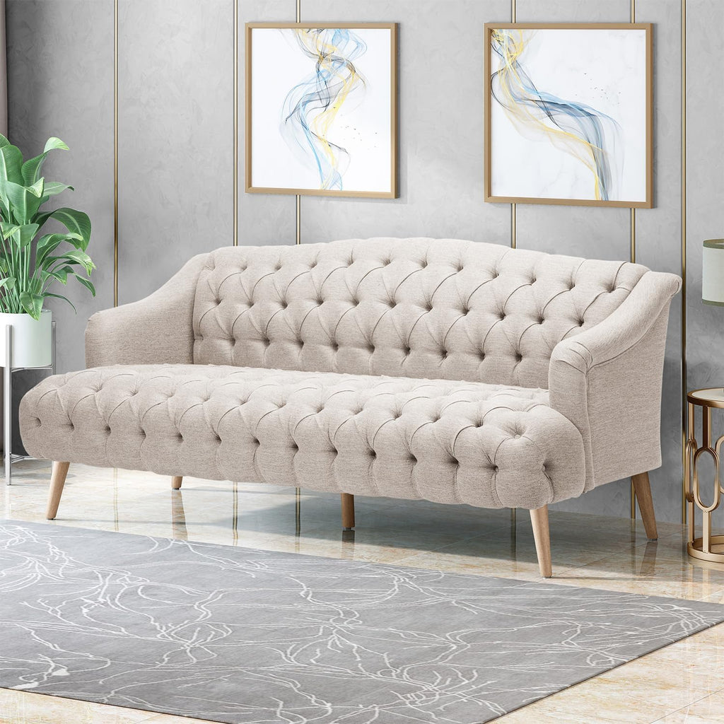 Beige Modern Velvet Loveseat Sofa Couch, 73' Mid - Century Tufted Upholstered Small Love Seat Couch, Curved High Back 3-Seats Couches for Compact Space, Living Room, Apartment (Beige)