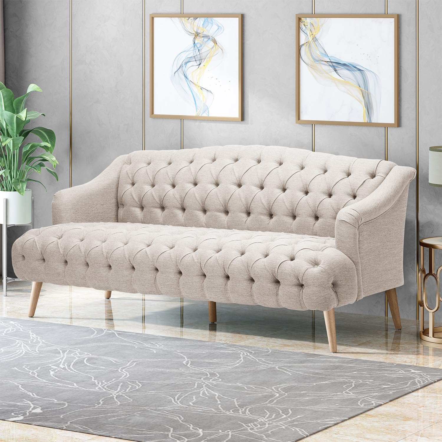 Beige Modern Velvet Loveseat Sofa Couch, 73' Mid - Century Tufted Upholstered Small Love Seat Couch, Curved High Back 3-Seats Couches for Compact Space, Living Room, Apartment (Beige)