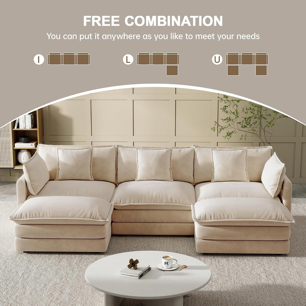 Modular Sectional Sofa, 111.5 Inch U-Shaped Cloud Sofa with Deep Seat Chenille Sofa with Cushions, Three-Self Sectional Sofa for Living Room Apartment,Light Coffee