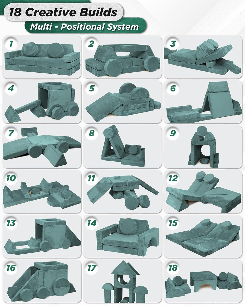 Lunix LX15 14pcs Modular Kids Play Couch, Design-Patent Child Sectional Sofa, Fort-Play Bedroom Playroom Furniture for Toddlers, Convertible Foam, Washable Covers, Oeko-TEX & CertiPUR-US, Sage Teal