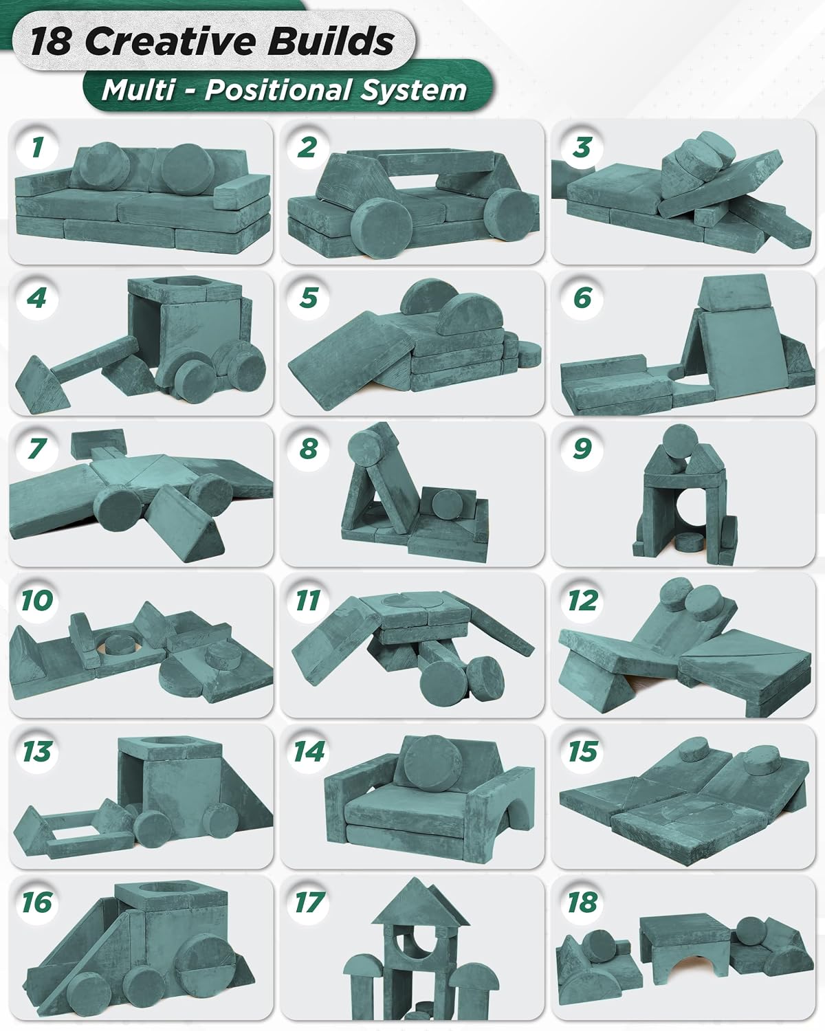 Lunix LX15 14pcs Modular Kids Play Couch, Design-Patent Child Sectional Sofa, Fort-Play Bedroom Playroom Furniture for Toddlers, Convertible Foam, Washable Covers, Oeko-TEX & CertiPUR-US, Sage Teal