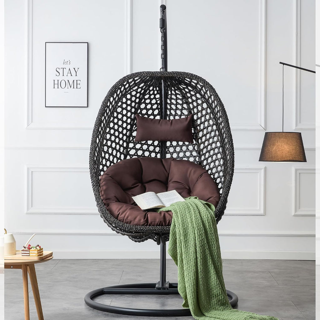 Egg Chair Indoor Outdoor, Hanging Chair for Bedroom, Swing Chair Hammock with Stand & Cushions, Comfy Swinging Chair Adult Reading Chair for Patio Balcony Backyard, Heavy Duty 350LBS, Black