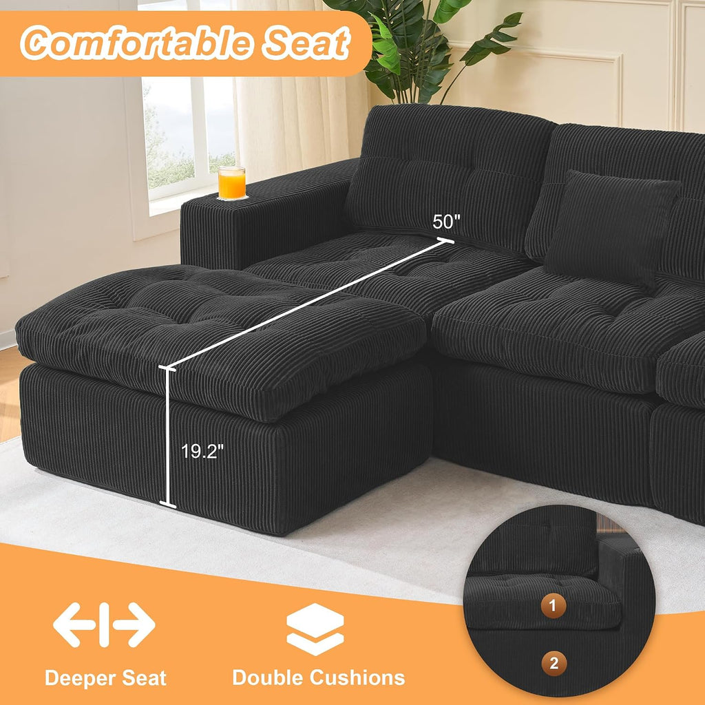 Modular Cloud 3 Seater Boneless L-Shaped Sectional Sofa, Comfy Modern Design with Ergonomic Support & Free Combination for Living Room/Bedroom/Apartment (Matte Black)