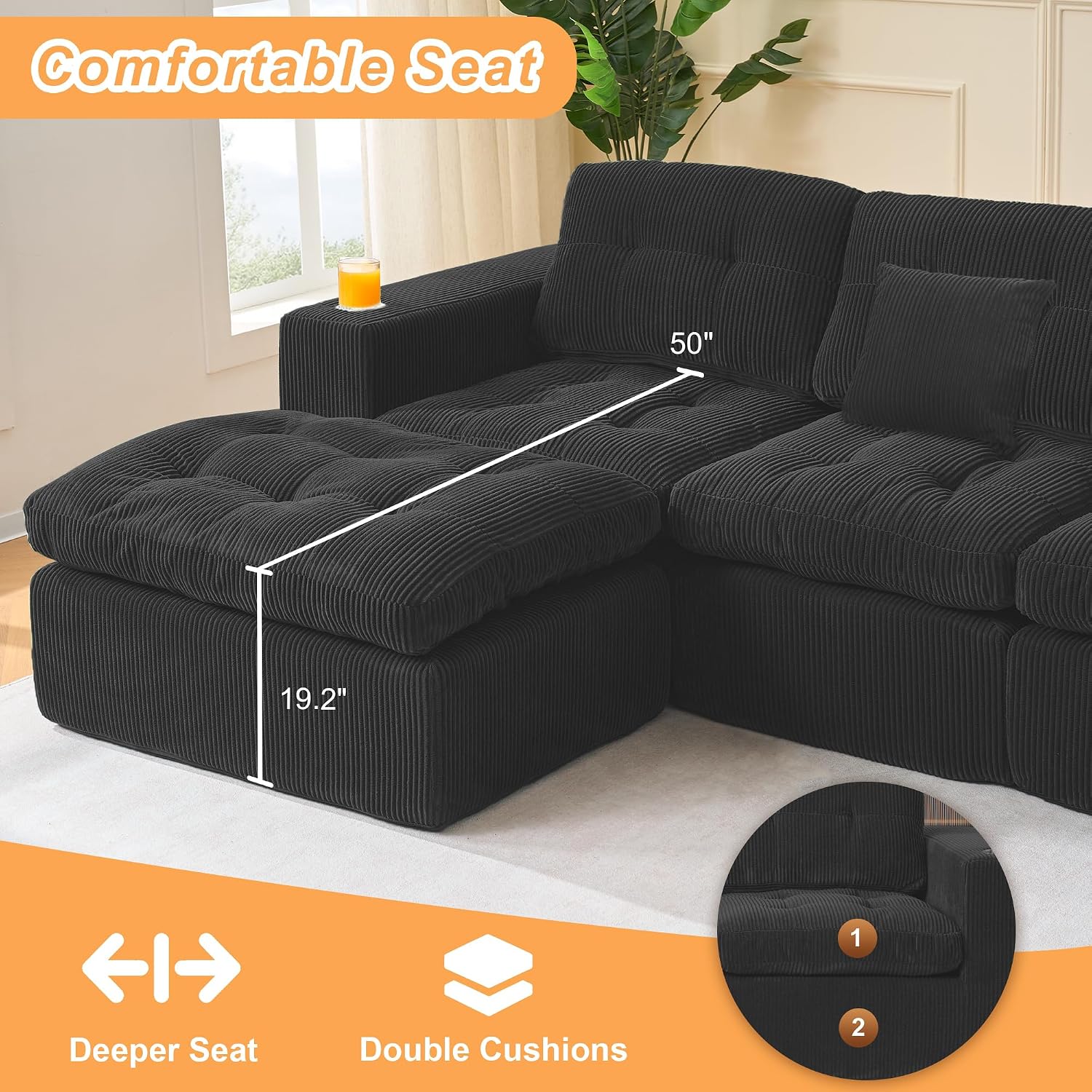 Modular Cloud 3 Seater Boneless L-Shaped Sectional Sofa, Comfy Modern Design with Ergonomic Support & Free Combination for Living Room/Bedroom/Apartment (Matte Black)