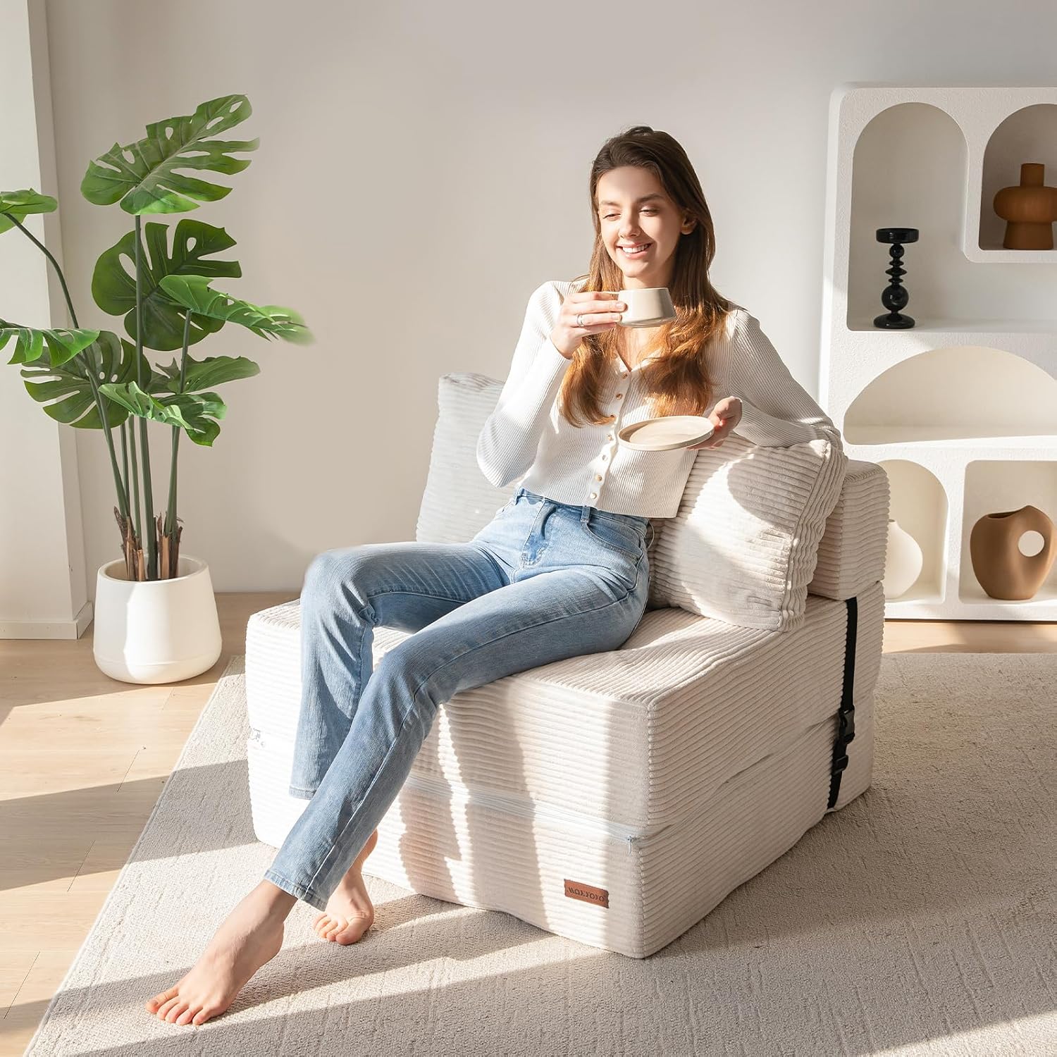 MAXYOYO Folding Sofa Bed, Convertible Sofa Bed with High-Density Support Foam, Portable 4 in 1 Fold Out Chair to Floor Lounger, Versatile Floor Couch for Living Room Bedroom, Beige